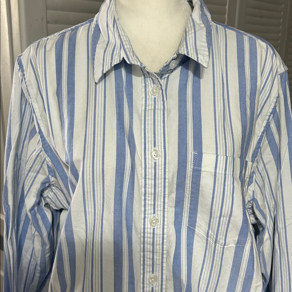 LL Bean, organic cotton oxford, pastel blue stripes, button-down collar, size L